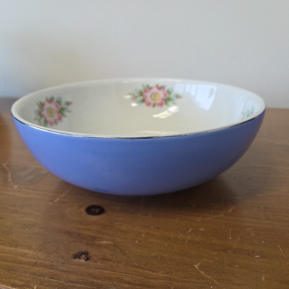 Vtg Halll's Royal‎ Rose Parade Bowl, cadet blue exterior,platinum rim,9 inch